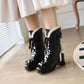 Lace Tied Straps Bow Tie Block Chunky Heel Mid-Calf Boots for Women