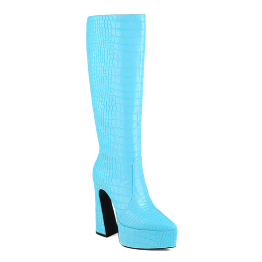 Crocodile-Pattern Glossy Pointed Toe Spool Heel Platform Knee High Boots for Women