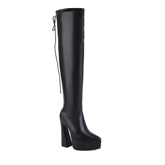 Glossy Pointed Toe Spool Heel Platform Back Tied Straps Over the Knee Boots for Women