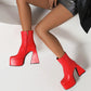 Booties Glossy Square Toe Side Zippers Strange Heel Heel Platform Short Boots for Women