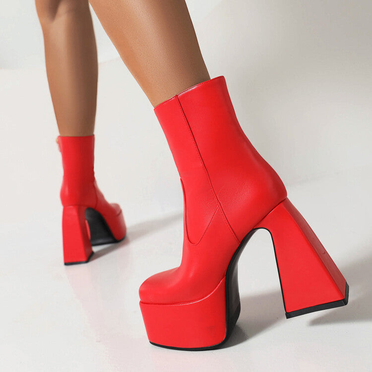 Booties Glossy Square Toe Side Zippers Strange Heel Heel Platform Short Boots for Women