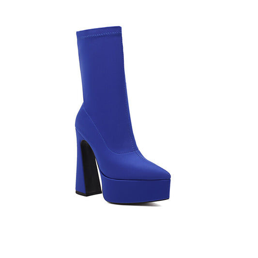 Flock Pointed Toe Stretch Spool Heel Platform Mid-calf Boots for Women