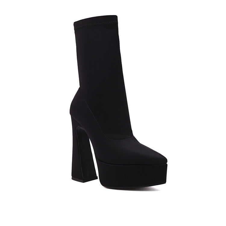 Flock Pointed Toe Stretch Spool Heel Platform Mid-calf Boots for Women