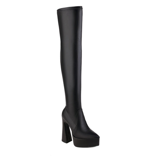 Frosted Pu Leather Pointed Toe Spool Heel Platform Over the Knee Boots for Women