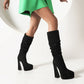 Flock Pointed Toe Spool Heel Platform Knee High Boots for Women