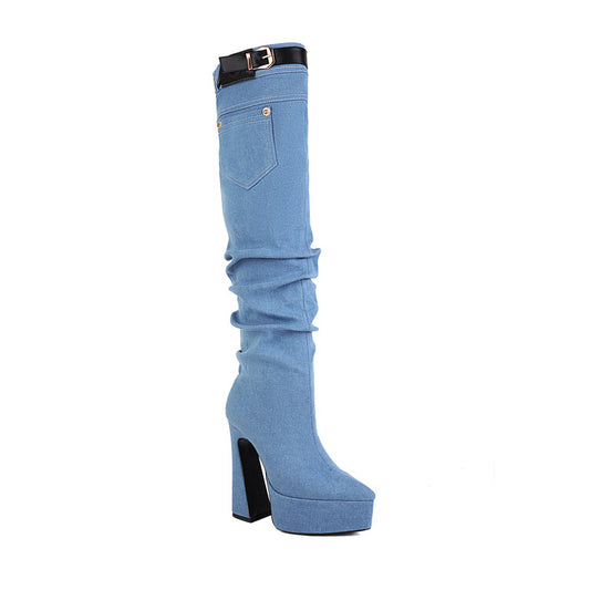 Denim Pointed Toe Pocket Buckle Straps Spool Heel Platform Knee High Boots for Women