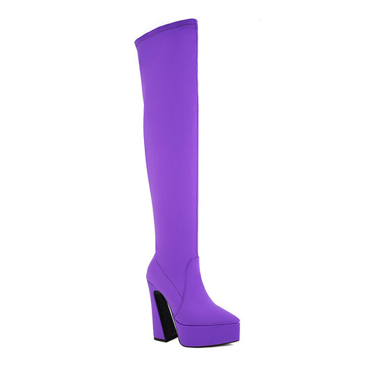 Stretch Pointed Toe Spool Heel Platform Over the Knee Boots for Women