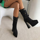 Denim Pointed Toe Pocket Buckle Straps Spool Heel Platform Mid-calf Boots for Women
