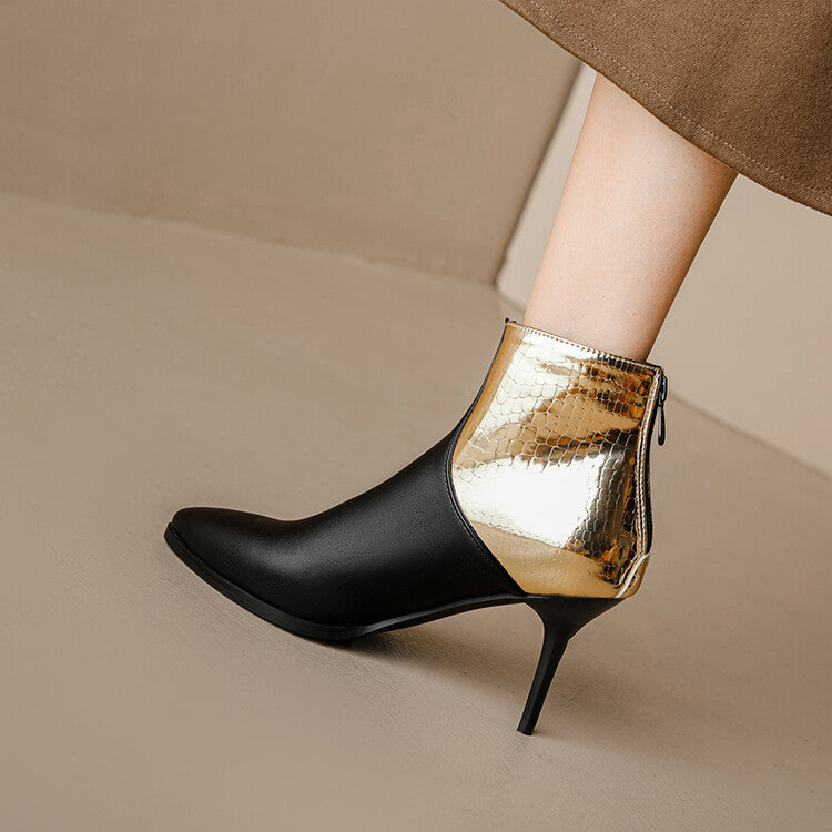 Pu Leather Patent Patchwork Pointed Toe Stiletto Heel Ankle Boots for Women