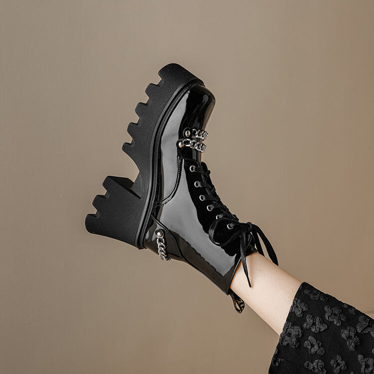 Pu Leather Square Toe Metal Chains Lace Up Block Chunky Heel Platform Ankle Boots for Women