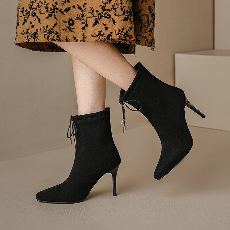 Flock Pointed Toe Stiletto Heel Tied Straps Ankle Boots for Women