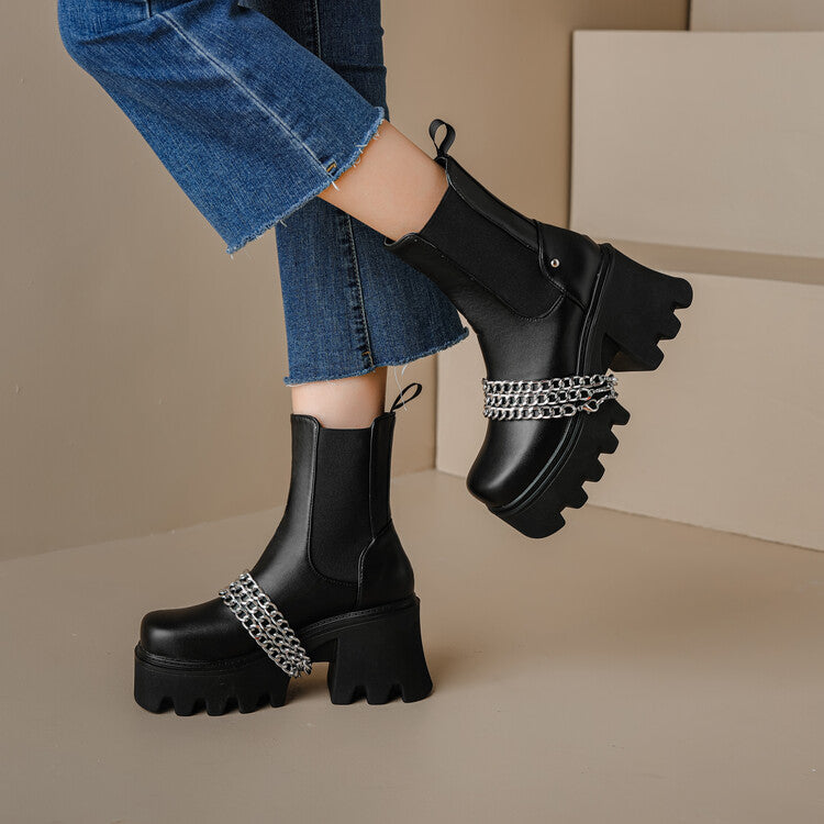 Pu Leather Round Toe Metal Chains Block Chunky Heel Platform Ankle Boots for Women