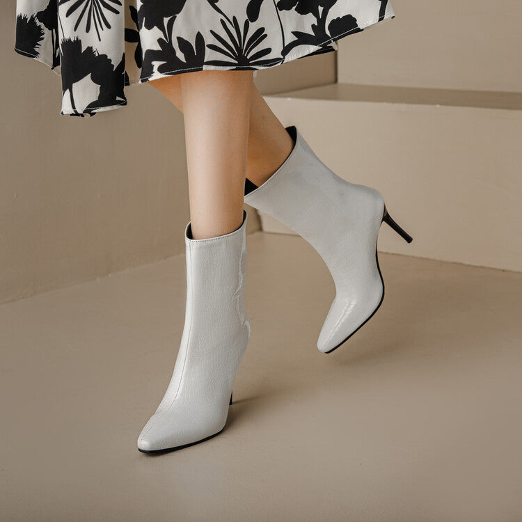 Patent Snake Printed Pointed Toe Stiletto Heel Ankle Boots for Women