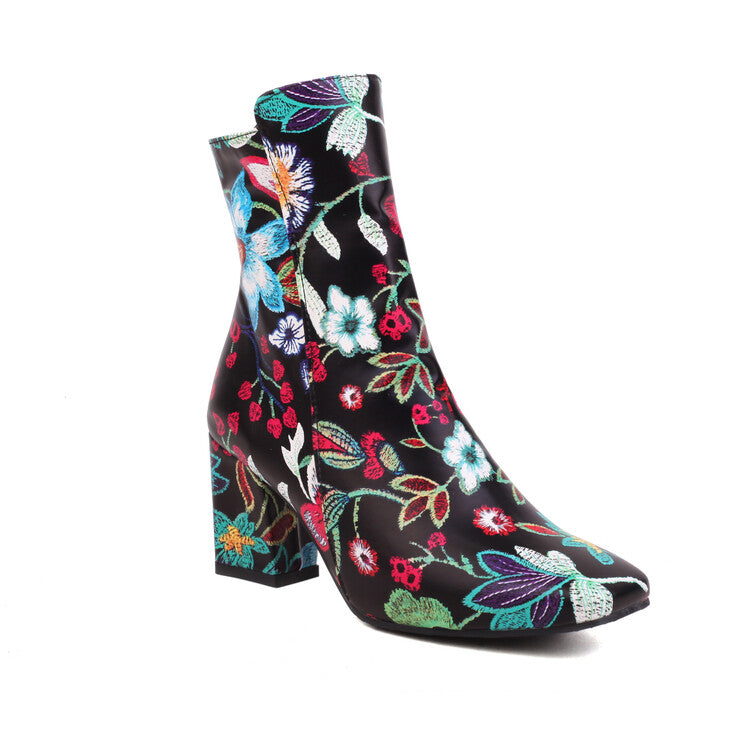 Printed Pu Leather Side Zippers Block Chunky Heel Ankle Boots for Women