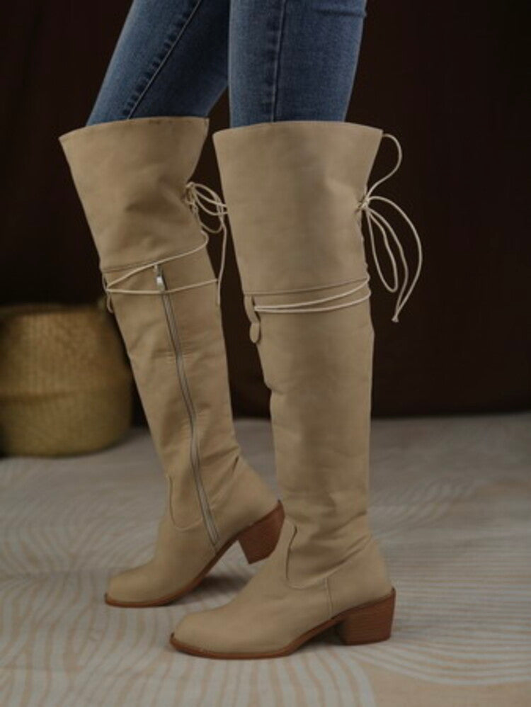 Side Zippers Entangled Tied Straps Block Heel Tall Boots for Women