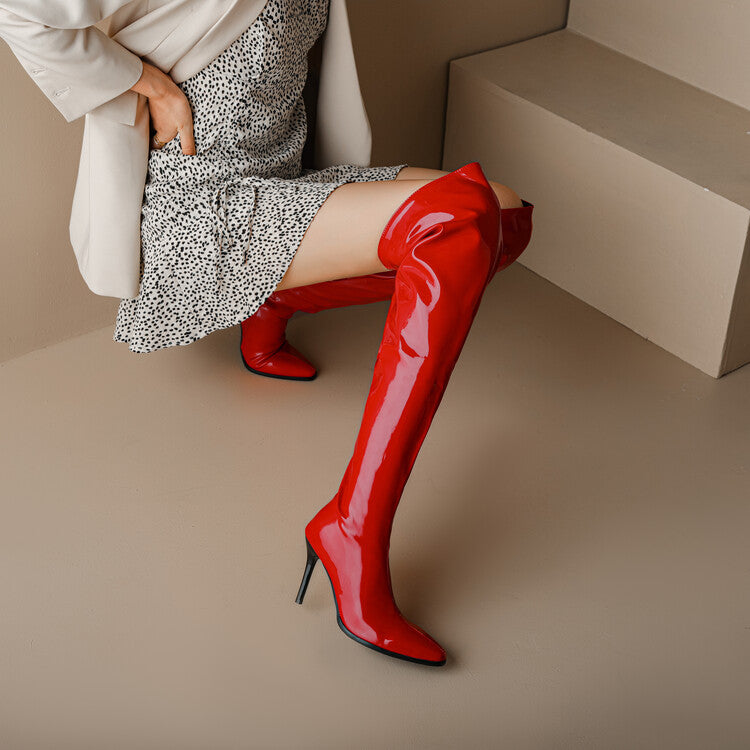 Glossy Pointed Toe Stiletto Heel Over-the-Knee Boots for Women
