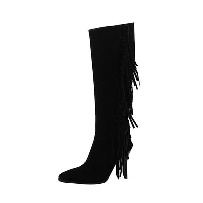 Flock Pointed Toe Tassel Stiletto Heel Knee-High Boots for Women