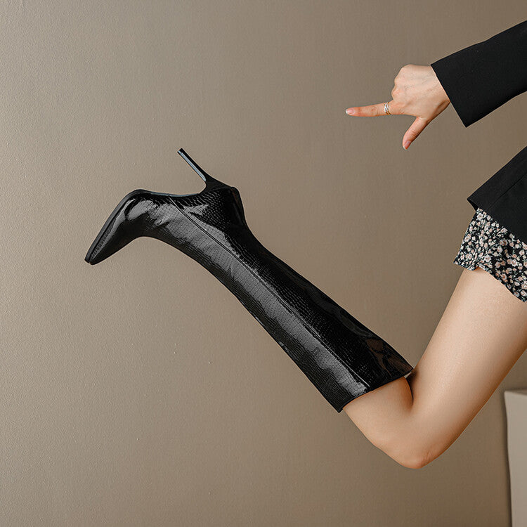 Pu Leather Pointed Toe Side Zippers Stiletto Heel Knee-High Boots for Women