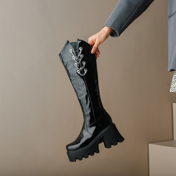 Round Toe Metal Chains Block Heel Platform Knee-High Boots for Women