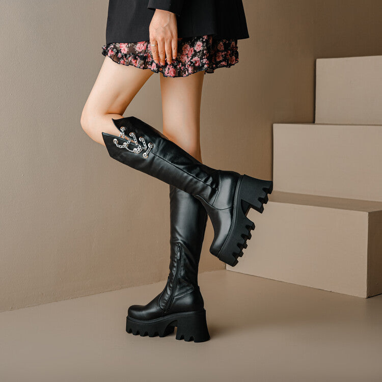 Round Toe Metal Chains Block Heel Platform Knee-High Boots for Women
