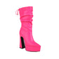 Pu Leather Pointed Toe Back Tied Straps Spool Heel Platform Mid-calf Boots for Women
