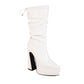 Pu Leather Pointed Toe Back Tied Straps Spool Heel Platform Mid-calf Boots for Women