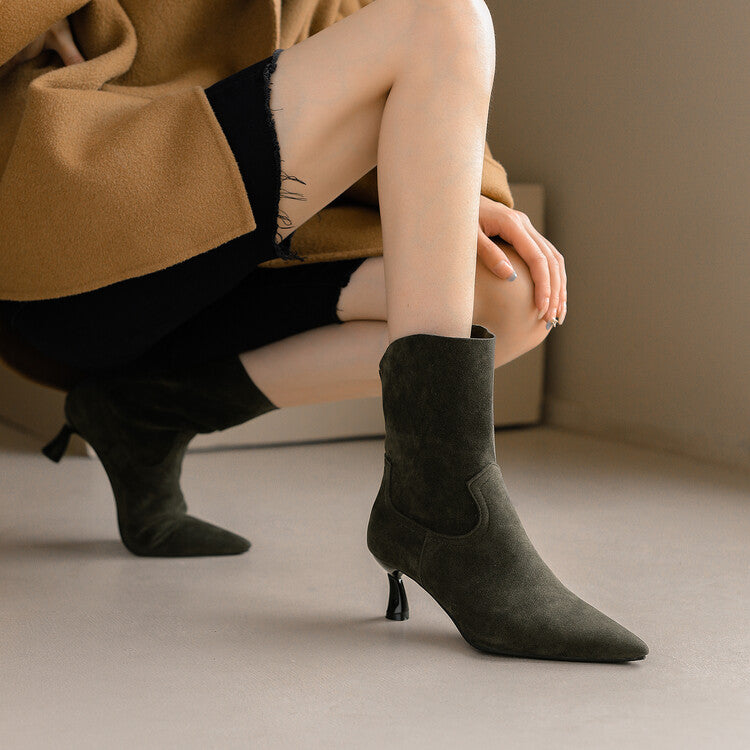 Flock Pointed Toe Stitch Spool Heel Ankle Boots for Women
