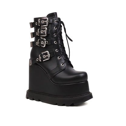 Pu Leather Round Toe Lace Up Metal Buckle Straps Wedge Heel Platform Short Boots for Women