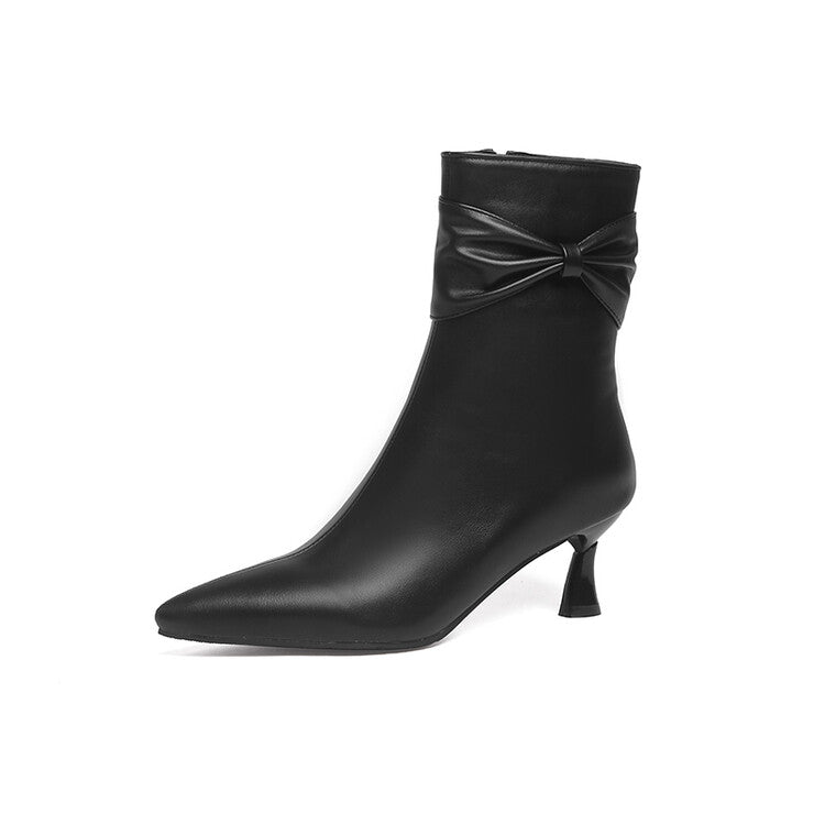 Pu Leather Pointed Toe Side Bow Tie Spool Heel Ankle Boots for Women