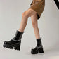 Glossy Stitch Round Toe Metal Chains Block Chunky Heel Platform Ankle Boots for Women