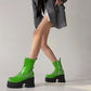 Glossy Stitch Round Toe Metal Chains Block Chunky Heel Platform Ankle Boots for Women