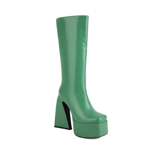 Ladies Square Toe Side Zippers Triangle Heel Platform Knee High Boots