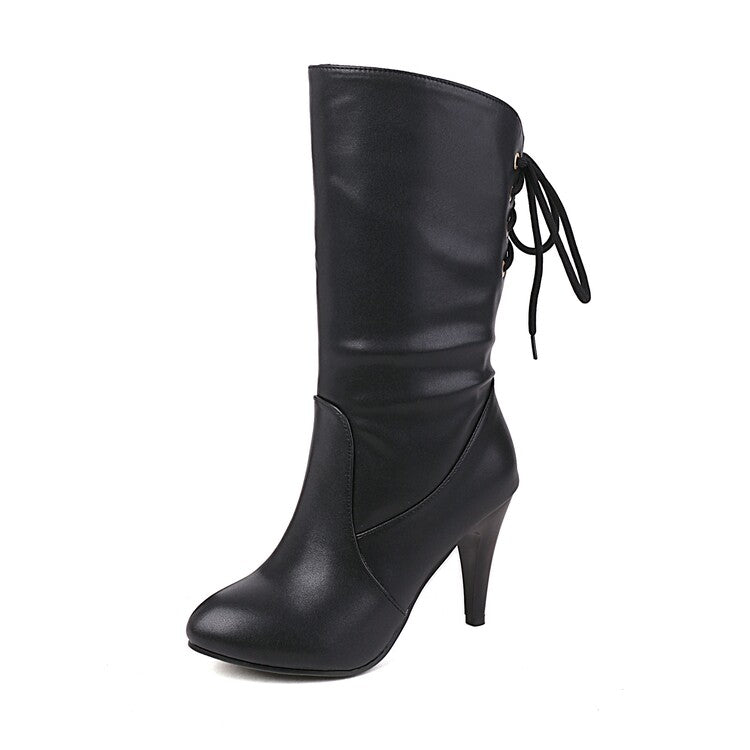 Pu Leather Round Toe Back Lace Up Cone Heel Mid-Calf Boots for Women