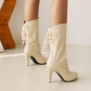 Pu Leather Round Toe Back Lace Up Cone Heel Mid-Calf Boots for Women