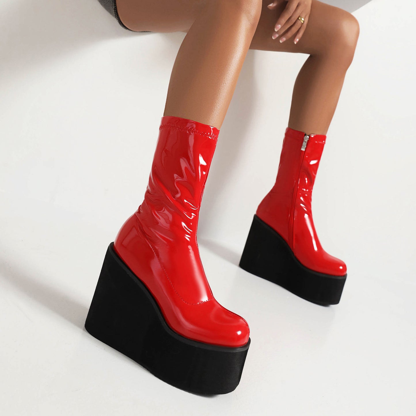 Glossy Round Toe Side Zippers Lace Up Wedge Heel Platform Mid-Calf Boots for Women
