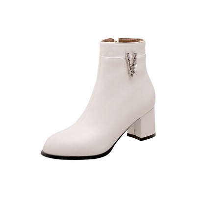 Pu Leather Rhinestone Side Zippers Block Heel Short Boots for Women