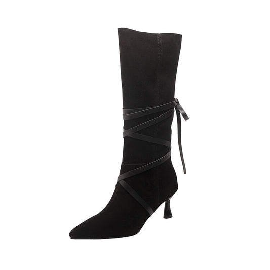 Flock Pointed Toe Entangled Straps Spool Heel Mid-Calf Boots for Women
