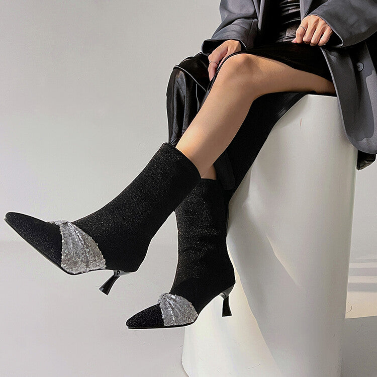 Sparkling Sequins Pointed Toe Spool Heel Ankle Boots for Women
