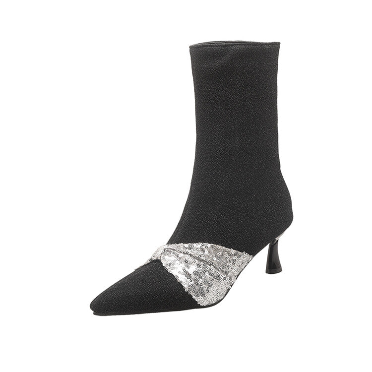 Sparkling Sequins Pointed Toe Spool Heel Ankle Boots for Women