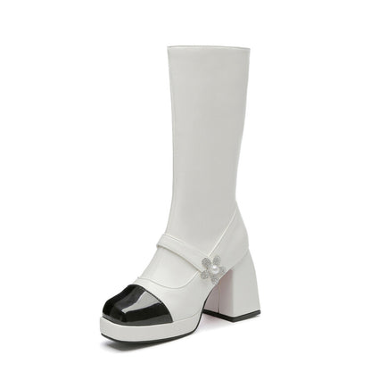 Square Toe Rhinestone Flora Bicolor Platform Block Heel Mid Calf Boots for Women