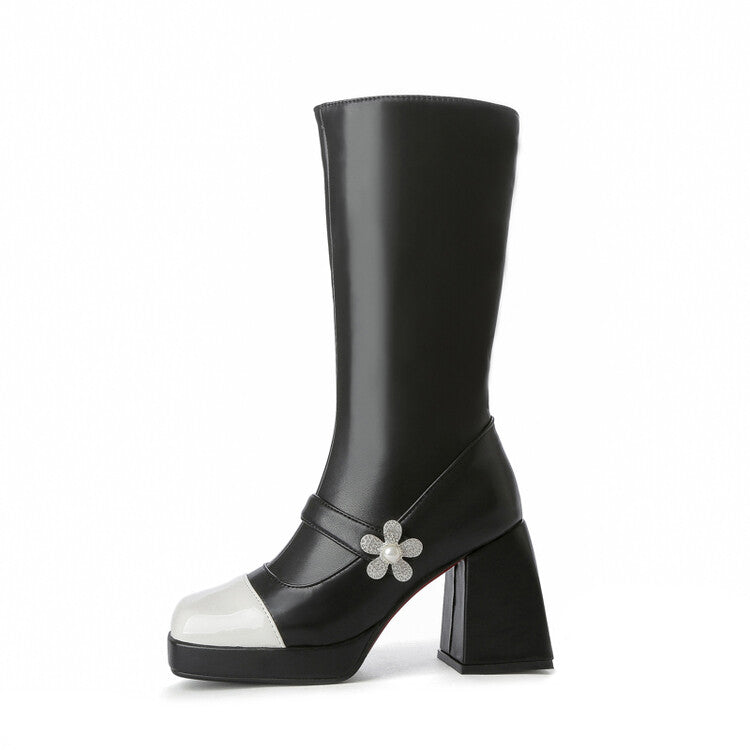 Square Toe Rhinestone Flora Bicolor Platform Block Heel Mid Calf Boots for Women