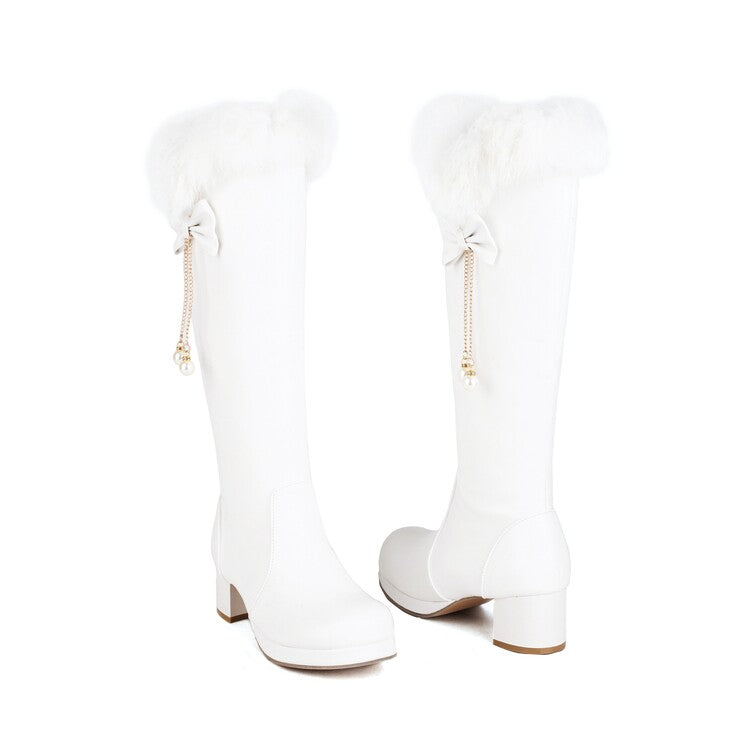 Fur Pearls Block Heel Platform Knee-High Boots for Women