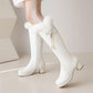 Fur Pearls Block Heel Platform Knee-High Boots for Women