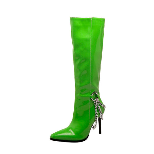 Glossy Pointed Toe Metal Chains Stiletto Heel Knee-High Boots for Women