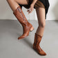Ethnic Pu Leather Pointed Toe Patchwork Embroidery Low Heels Cowboy Mid-calf Boots for Women