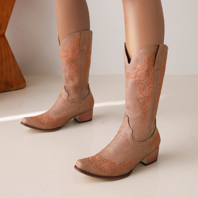 Ethnic Pu Leather Pointed Toe Patchwork Embroidery Low Heels Cowboy Mid-calf Boots for Women