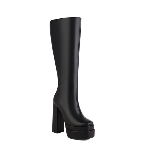 Frosted Pu Leather Square Toe Block Chunky Heel Side Zippers Platform Knee High Boots for Women