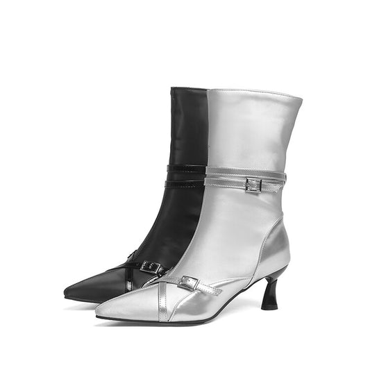 Glossy Pointed Toe Buckle Straps Middle Heel Ankle Boots for Women