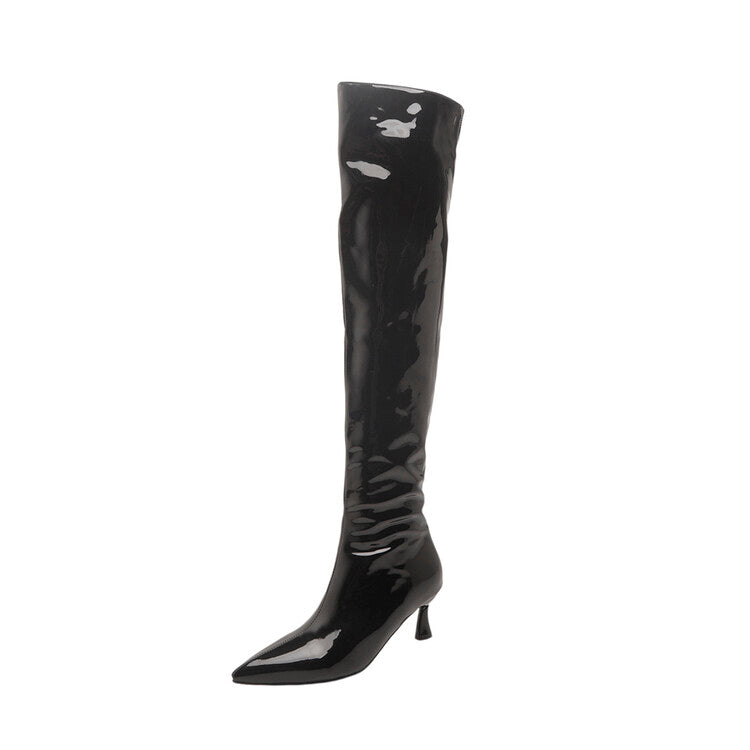 Glossy Pointed Toe Side Zippers Stiletto Heel Over-the-Knee Boots for Women