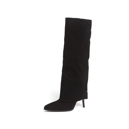 Pointed Toe Fold Stiletto Heel Knee-High Boots for Women